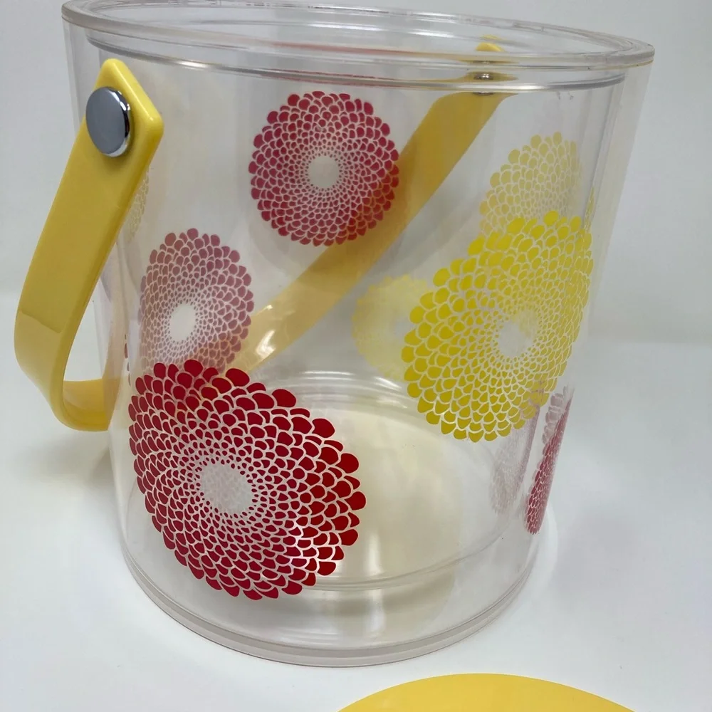 Vintage 90s Yellow Orange Flower Ice bucket with Tongs, Serving Set