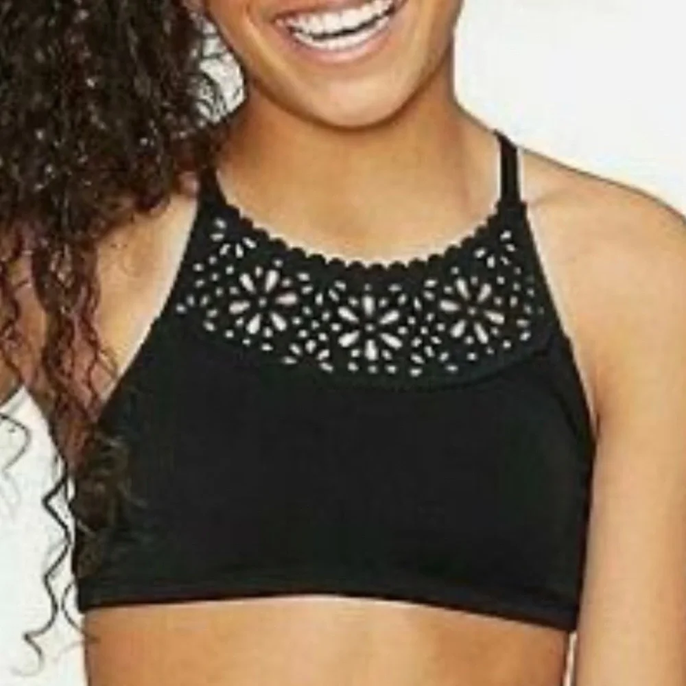 JUSTICE Girl's Laser Cut High Neck Bikini Swim 12 BLACK