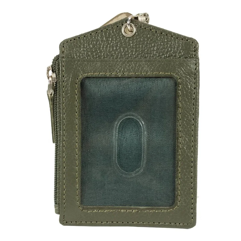 ID Lanyard Card Holder in Genuine Leather with Long Metal Chain