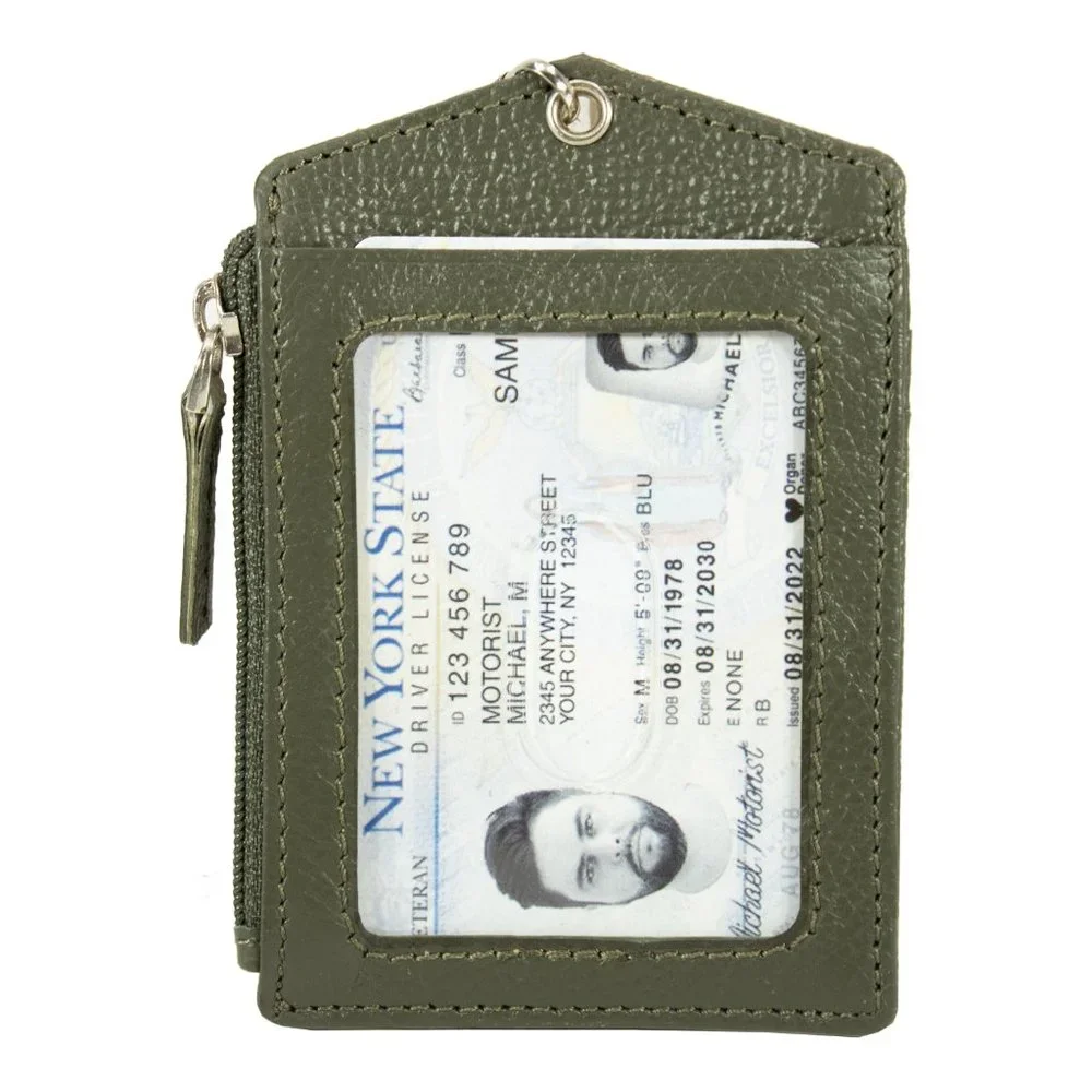 ID Lanyard Card Holder in Genuine Leather with Long Metal Chain