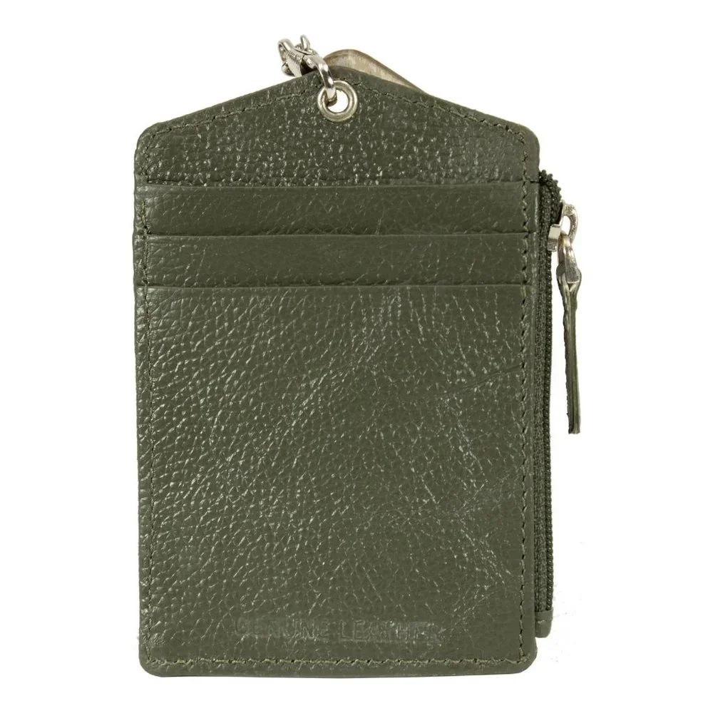 ID Lanyard Card Holder in Genuine Leather with Long Metal Chain