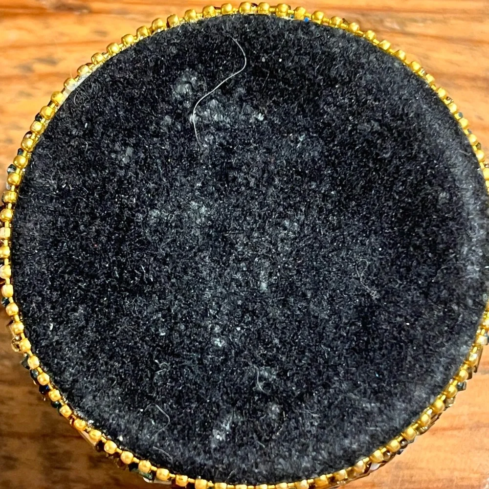 Hand made Vintage Round Domed Beaded Trinket Jewelry Box Metal Teal and Gold