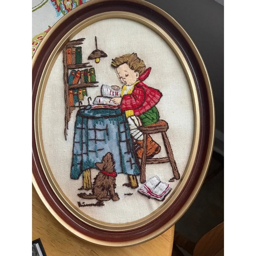 Vintage 1978 Hummel Boy Reading at Table Oval Needlepoint Framed Pictures 13x10