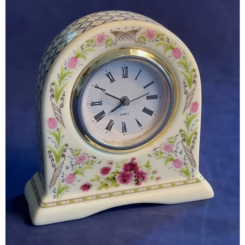 JJI International Porcelain Desk Clock Works Vintage Quartz Colorful Floral