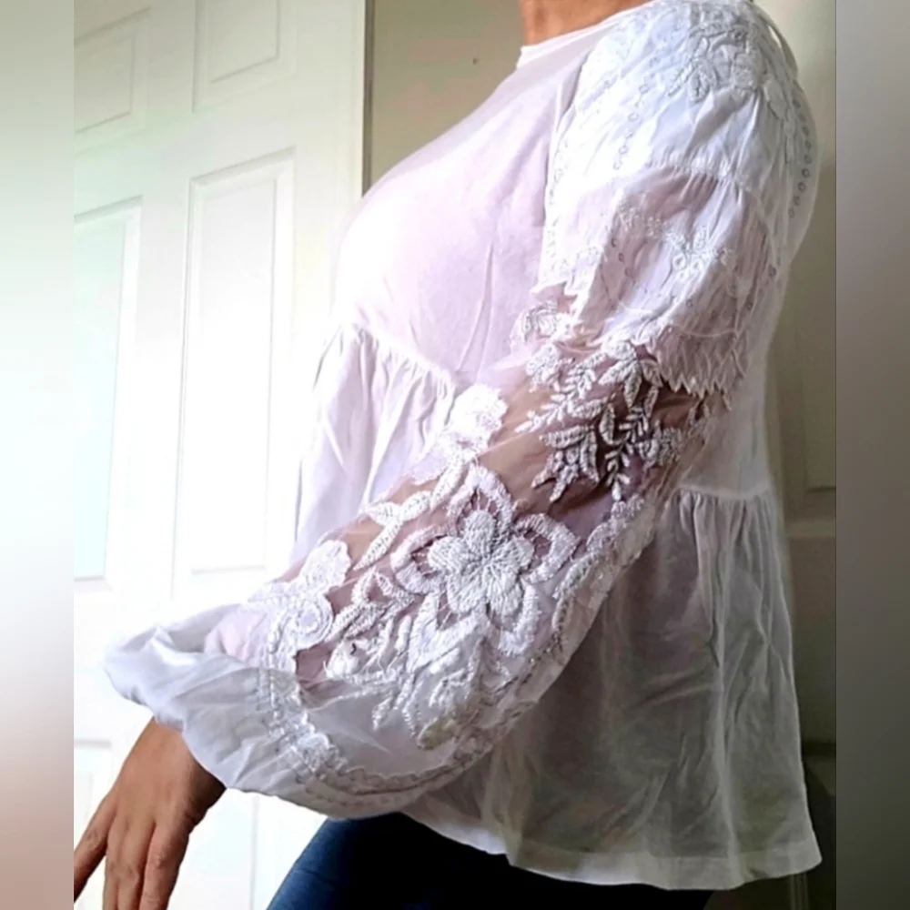 Free People Women Boho Blouse 100% Cotton Embroidered Puff Mesh Peplum Small/Med