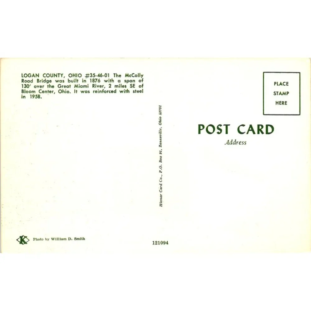 Logan County White Covered Bridge Postcard Ohio Travel Souvenir Unposted Vintage