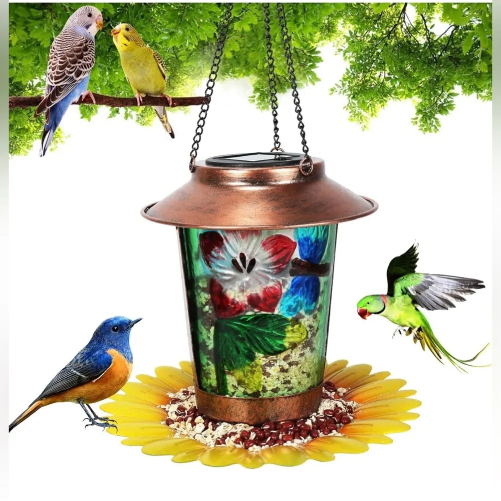 Solar Bird Feeder for Outdoors Hanging Solar Metal Wild Bird Feeders Waterproof