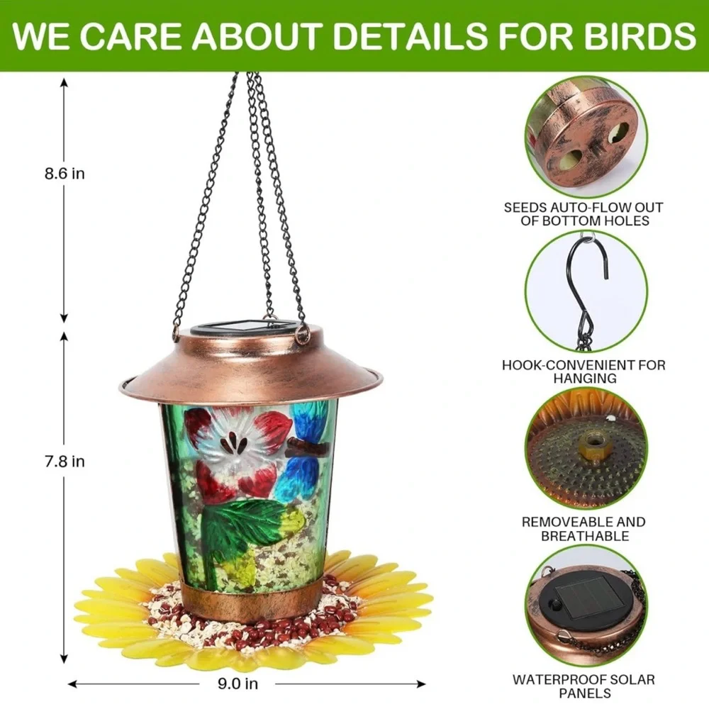 Solar Bird Feeder for Outdoors Hanging Solar Metal Wild Bird Feeders Waterproof