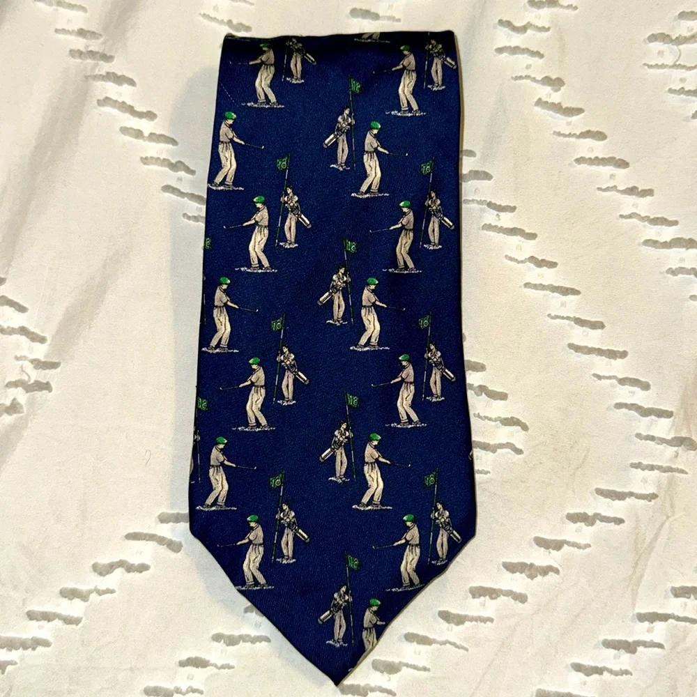 EUC Vintage Polo by Ralph Lauren Golfer Caddie 100% Silk Golf Tie Navy Green 4