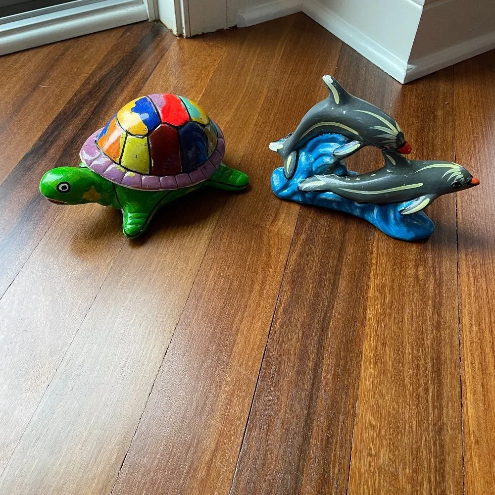 Mexico Folk Art - Turtle Trinket box and Jumping Dolphins figure