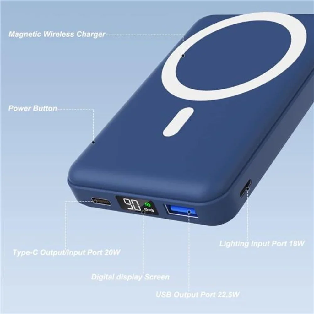 Magnetic Power Bank, 10000mAh Foldable Wireless Portable Charger with USB-C