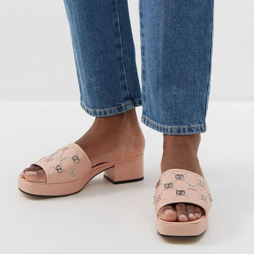 NEW GUCCI Janaya Interlocking GG Studs Rose Leather Sandals Slides EU 41 US 11