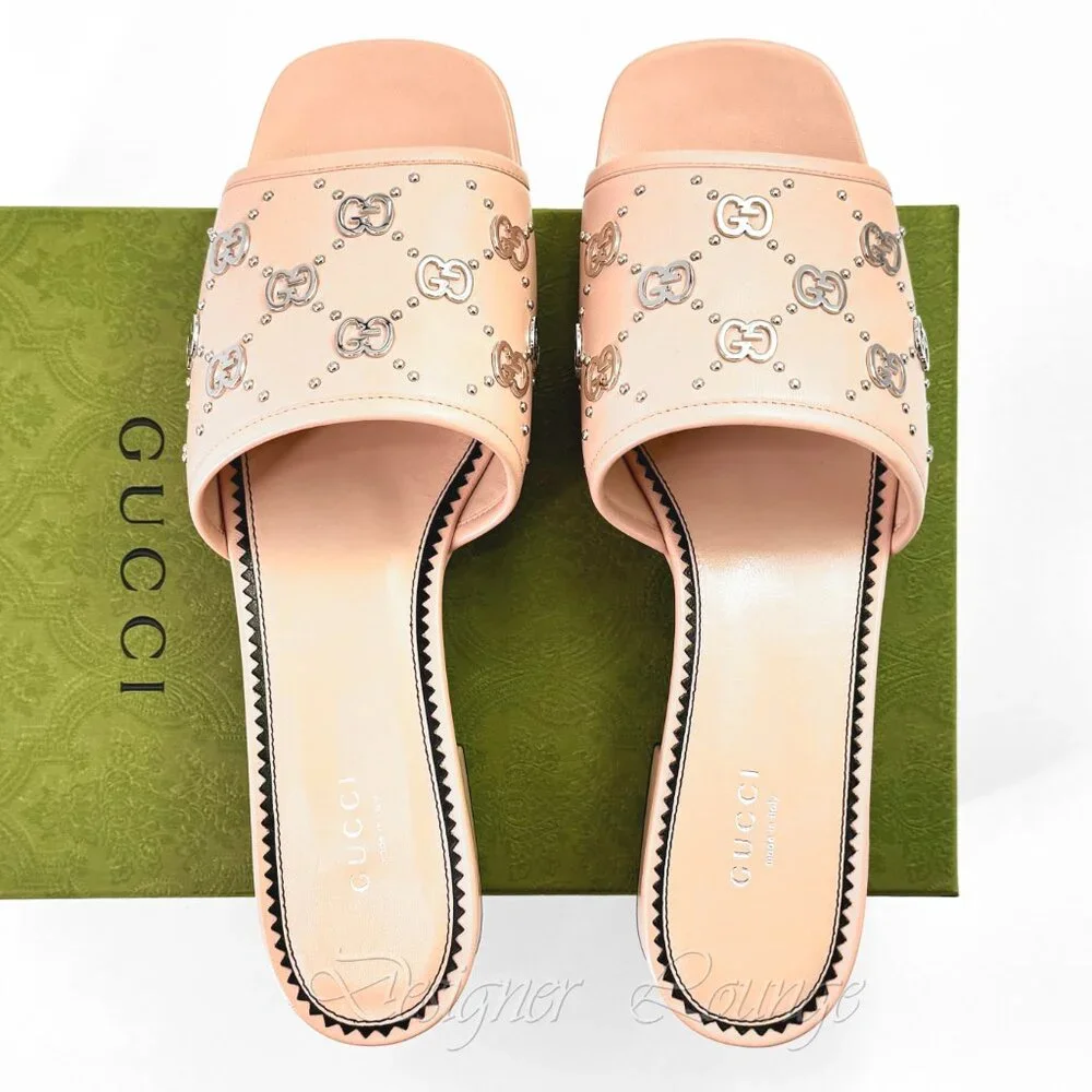NEW GUCCI Janaya Interlocking GG Studs Rose Leather Sandals Slides EU 41 US 11