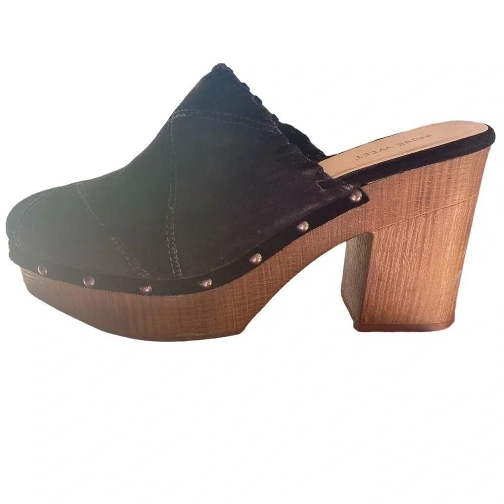 NINE WEST PLATFORM Chunky Wood Heeled Wedge SIZE 10 multi colored suede.