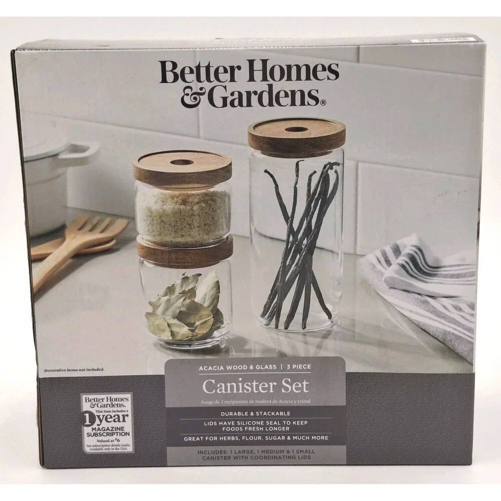 Better Homes & Gardens 3 Glass Canister Set Acacia Wood Lids With Silicon Seals