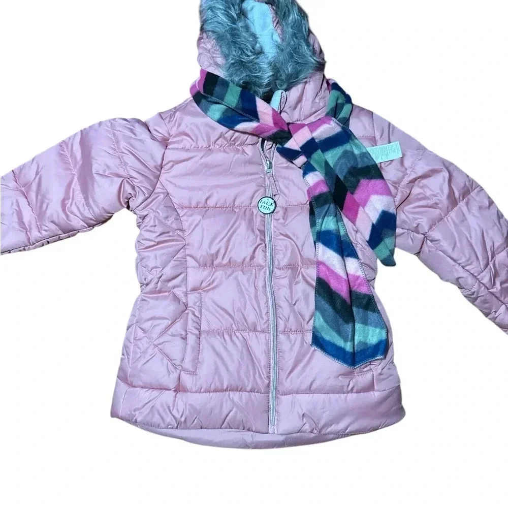 Girls' Pink Puffer Jacket with Scarf