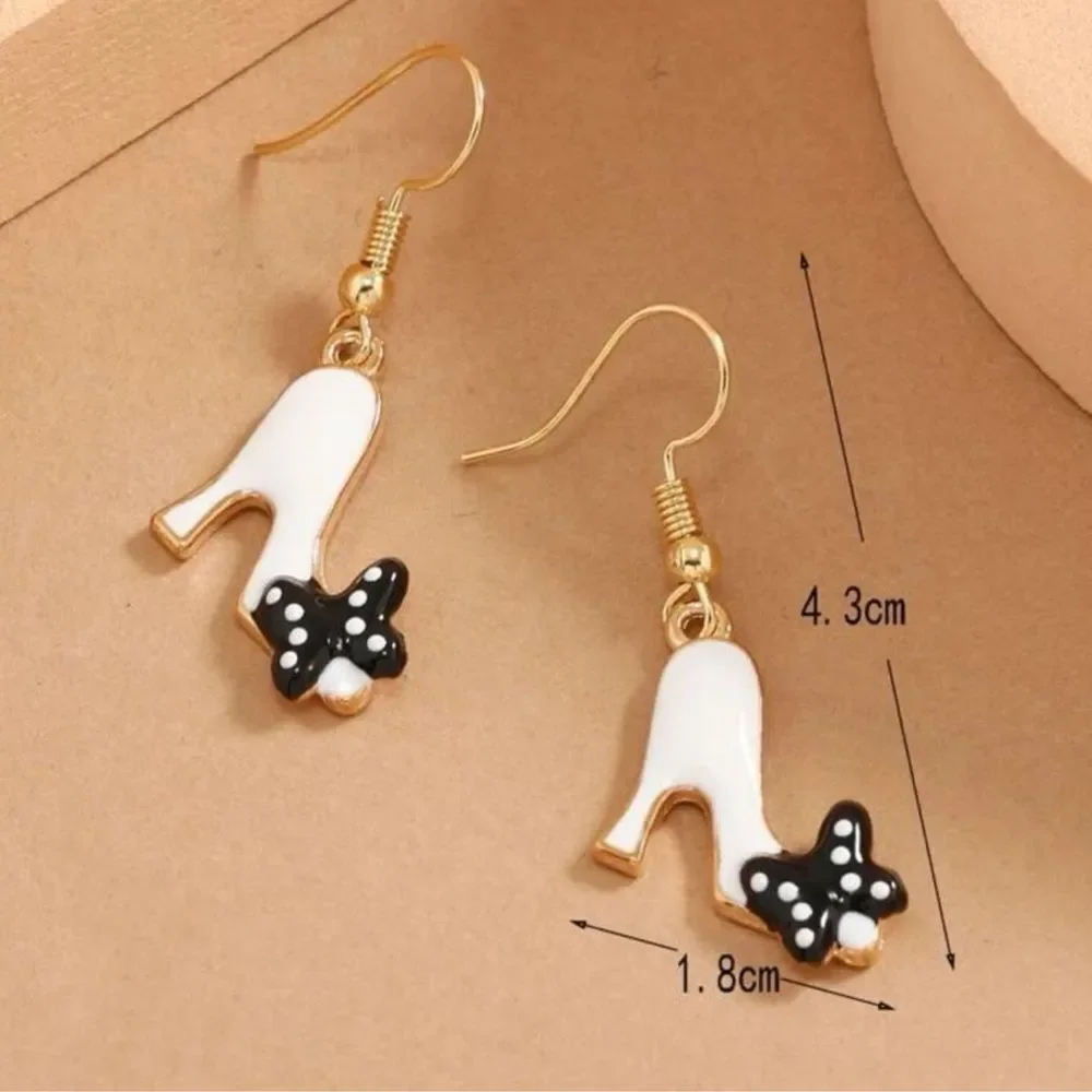 Vintage Style Barbie Heels Polka Dot Bow Charm Dangle Statement Earrings