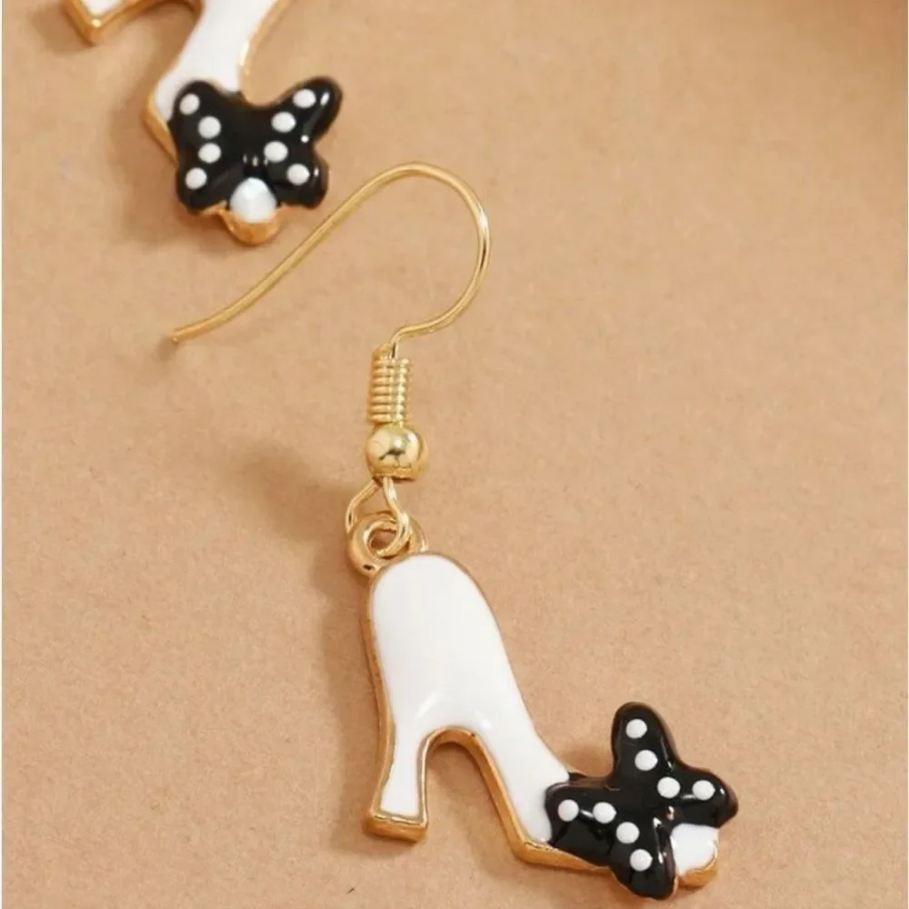 Vintage Style Barbie Heels Polka Dot Bow Charm Dangle Statement Earrings