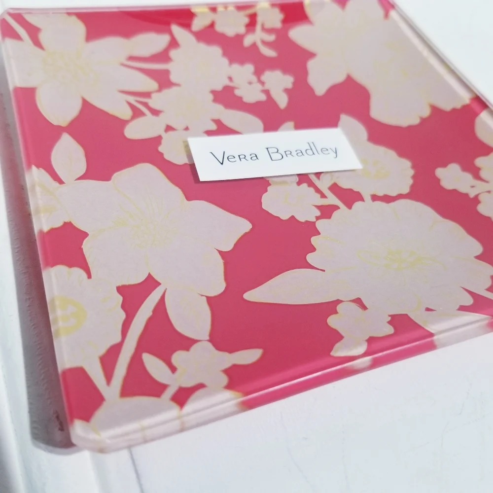 Vera Bradley Trinket Tray Pink Yellow Floral Glass Jewelry Holder. Home Decor