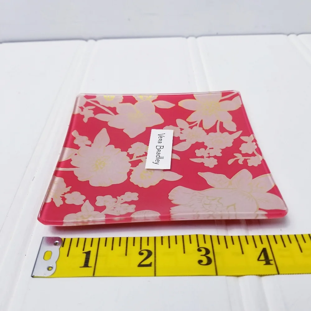Vera Bradley Trinket Tray Pink Yellow Floral Glass Jewelry Holder. Home Decor