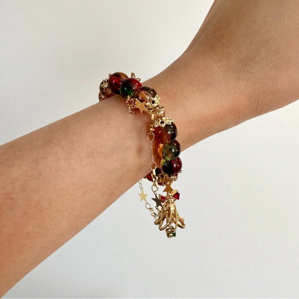3/$20 Handmade Christmas Holiday Glass Beaded Jingle Bells Gold Star Bracelet