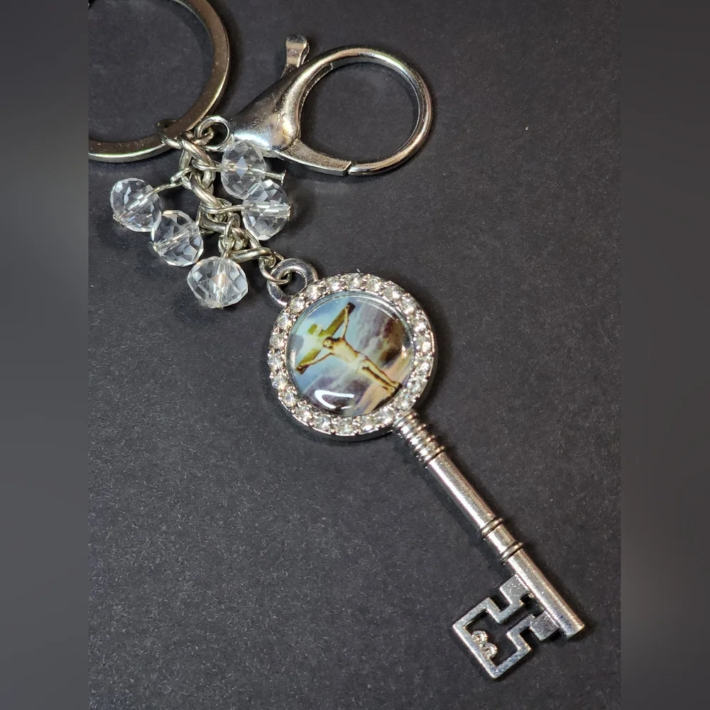 Silver Jesus Protection Key Charm Keychain