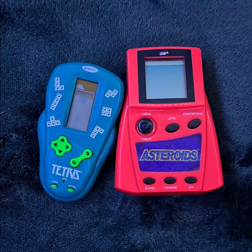 Vintage 2000s Tetris and Asteroids Handheld Games - Blue and Red
