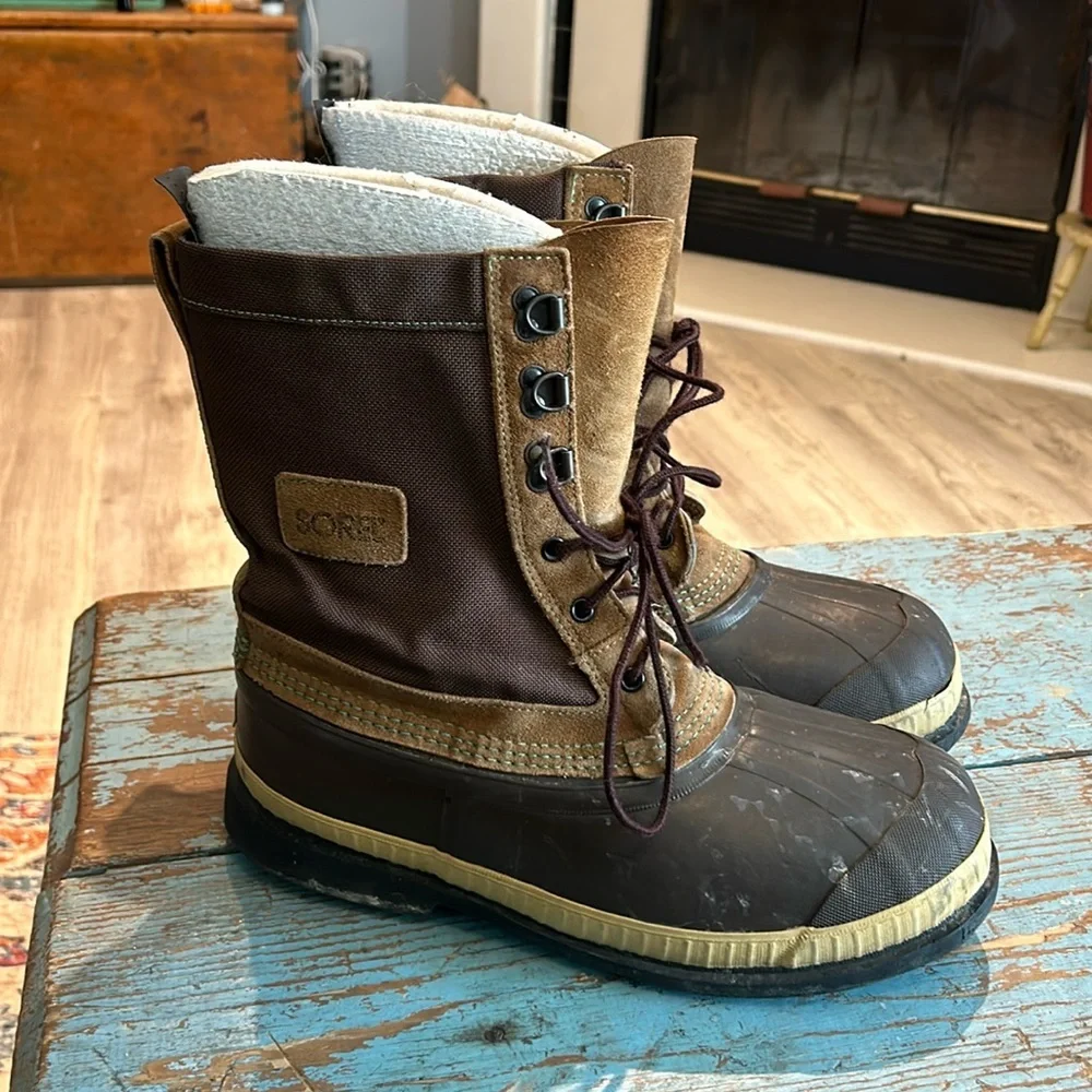 Sorel Men's Felt Lined Brown Tan Leather Duck Boots G089 Size 8