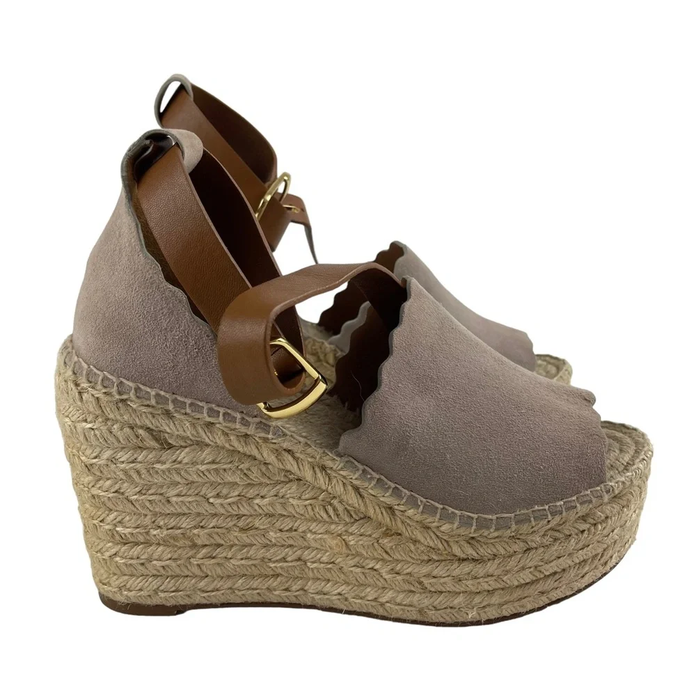 Chloe Lauren Scalloped Suede Platform Wedge Espadrilles Size 41 (US 9.5)