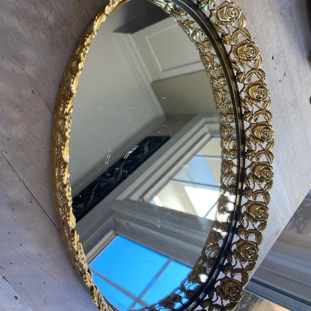 Vintage Oval Vanity Tray Gold Filigree with Rose Pattern Mirrored 12” x 8.75”