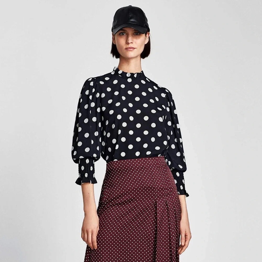 ZARA Smocked Puff Sleeve Polka Dot Mock Neck Blouse in Black