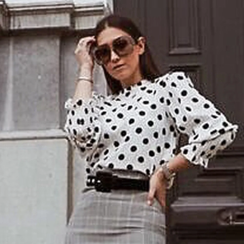 ZARA Smocked Puff Sleeve Polka Dot Mock Neck Blouse in Black
