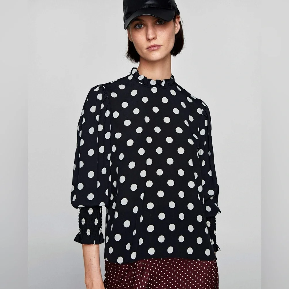 ZARA Smocked Puff Sleeve Polka Dot Mock Neck Blouse in Black