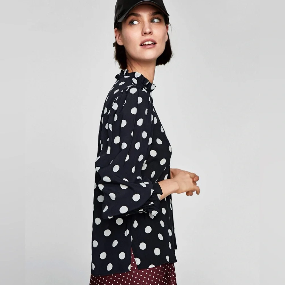 ZARA Smocked Puff Sleeve Polka Dot Mock Neck Blouse in Black