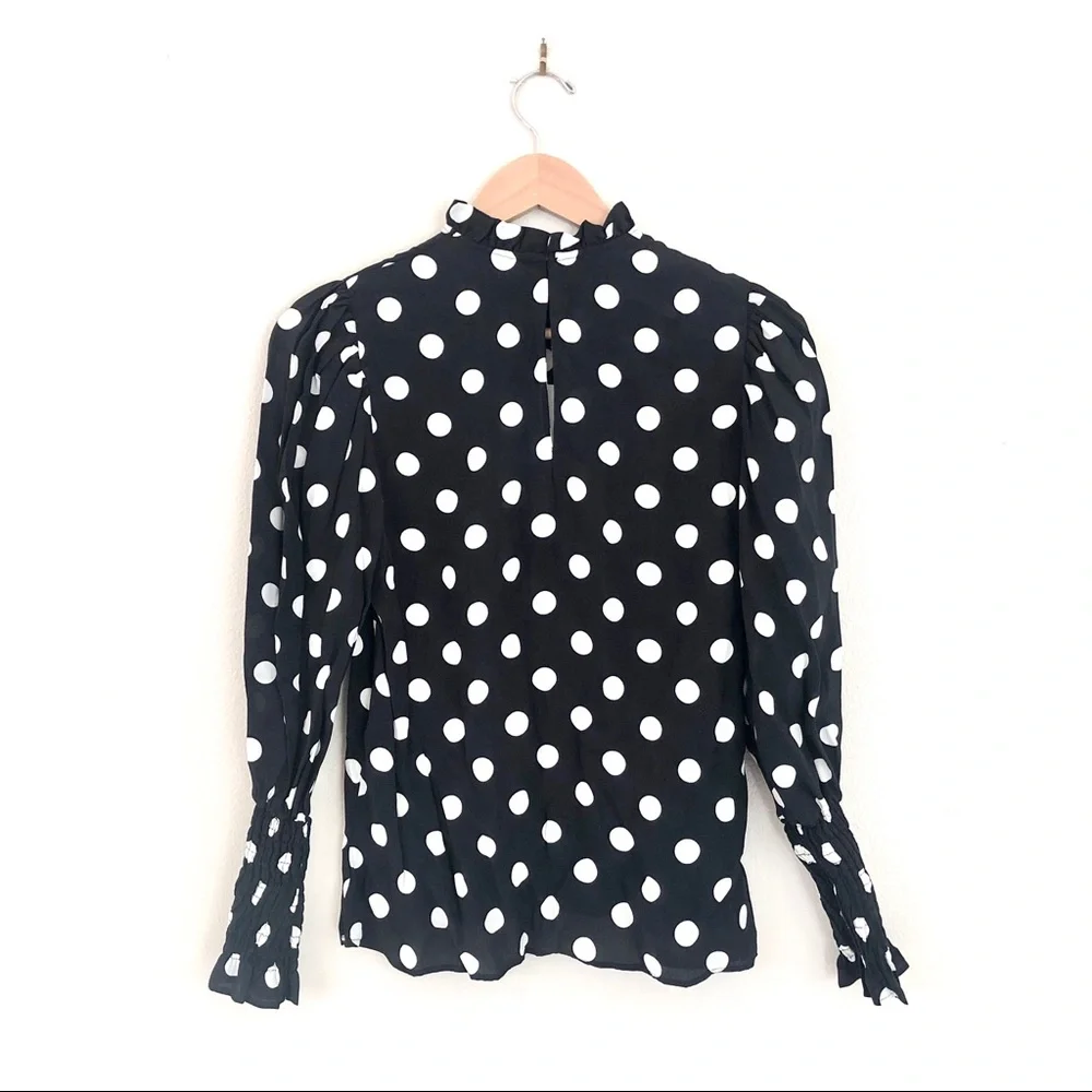 ZARA Smocked Puff Sleeve Polka Dot Mock Neck Blouse in Black