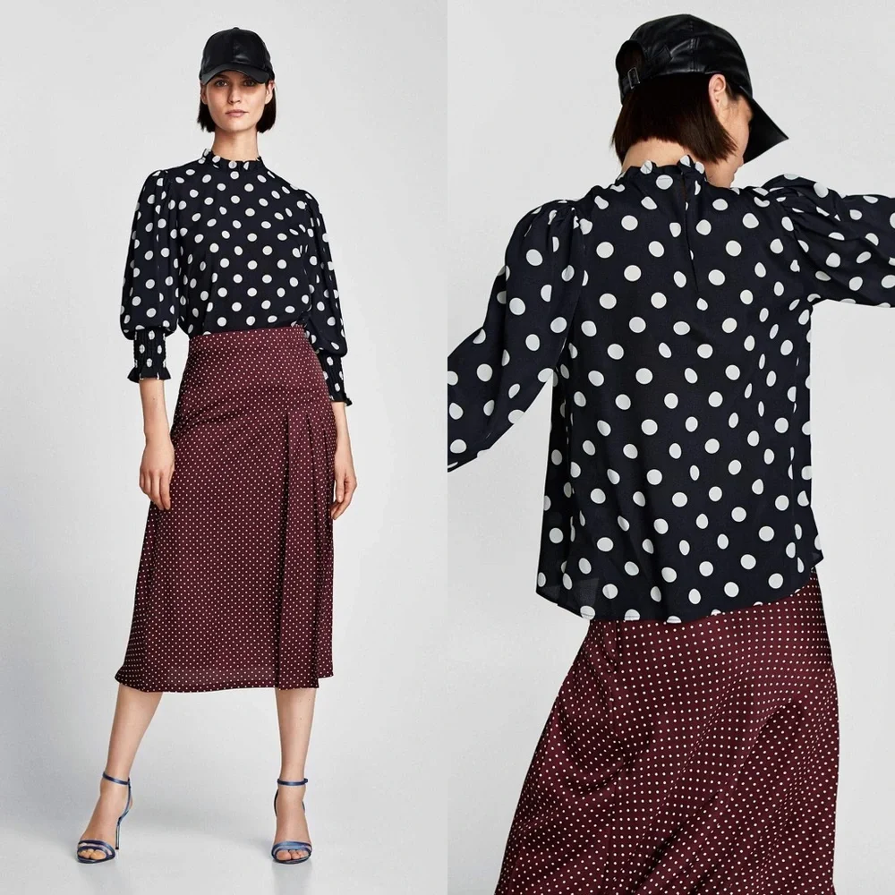 ZARA Smocked Puff Sleeve Polka Dot Mock Neck Blouse in Black