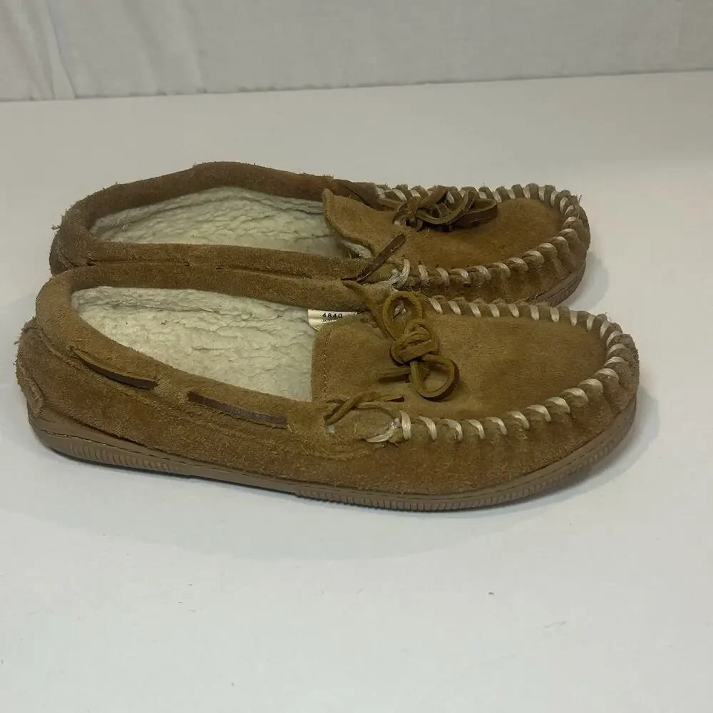 Minnetonka Moccasins Womens 3 Brown Suede Hard Sole Cally Slippers Sherpa Fur