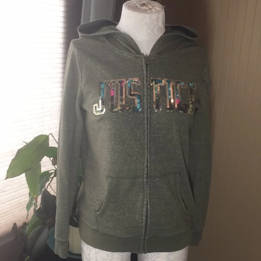 Justice jacket zip up hoodie size 16/18 green with floral print lettering