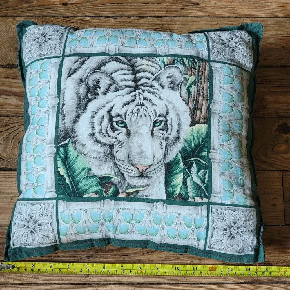 Vintange  White Tiger Decorative Throw Pillow With Tropical Design & Intricate B