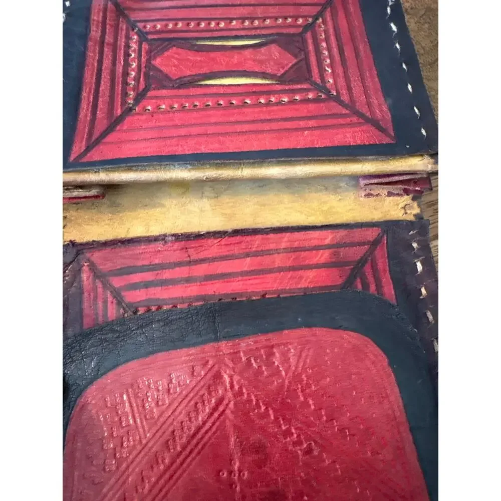 Handmade, leather, embossed, dyed stitched wallet unique red