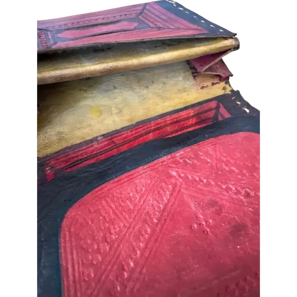 Handmade, leather, embossed, dyed stitched wallet unique red