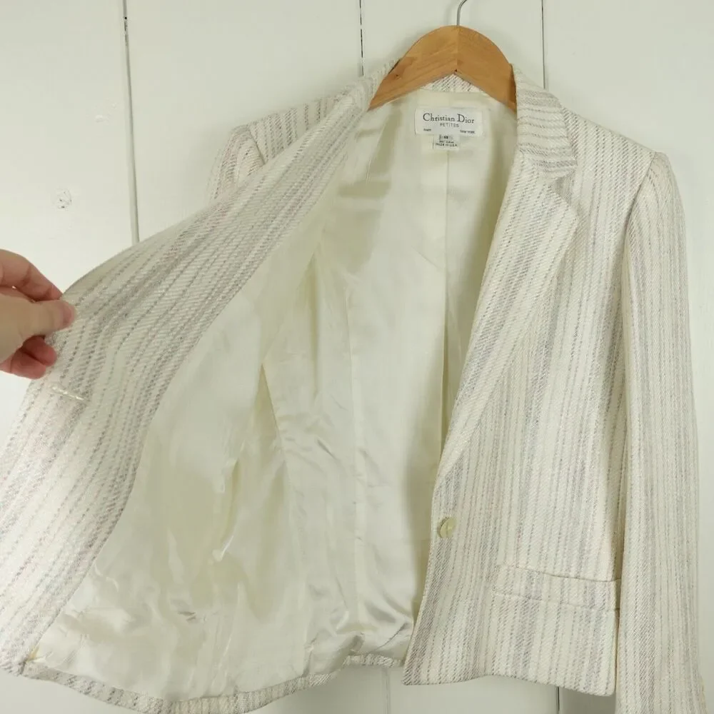 Christian Dior Petites Single Button Blazer Womens SZ 8P Cream Made in US READ