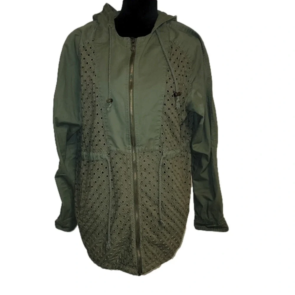BETHANY Mota Army Green Eyelet Full Zip Hooded Cinched Waist Jacket size…