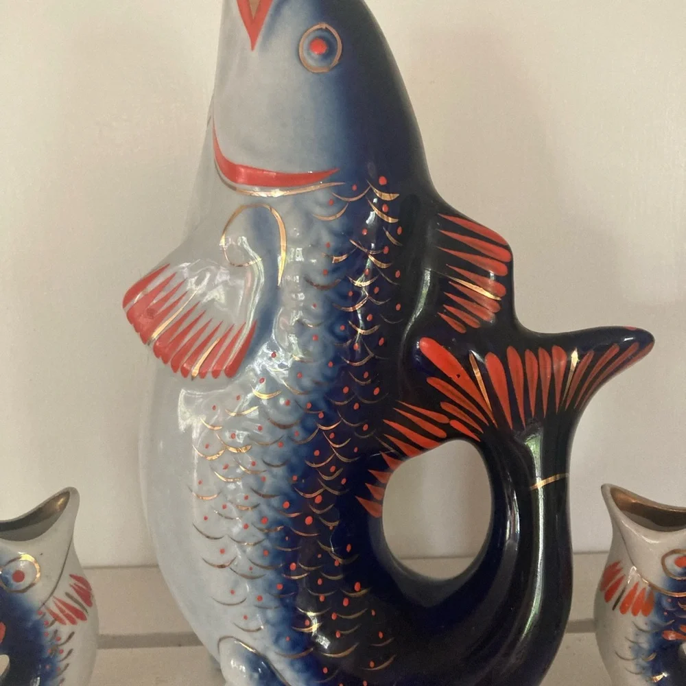 Ceramic Fish Figurine Set - Blue and Red