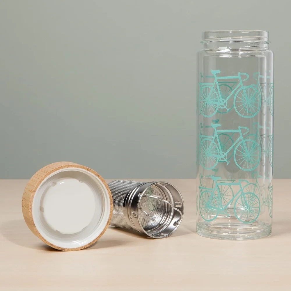 Kitchen Kaboodle Glass Tea Infuser Bamboo Lid Bottle With Printed Teal Bicycles