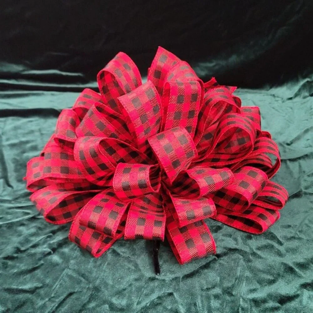Christmas Tree Bow Topper, Black Red‎ Buffalo Plaid Bow Topper, Topper 44 Loop