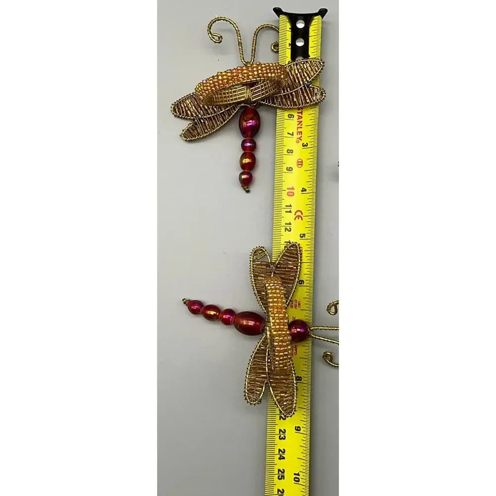 Vintage 4 Pier 1 Imports Beaded Dragon Fly Napkin Rings Burgundy Gold