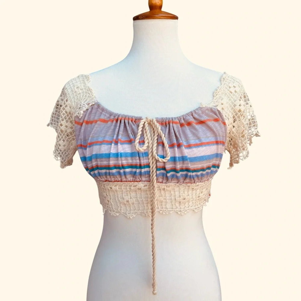 Free People Women’s S Aruba Crochet Striped Bohemian Hippie Festival Crop Top