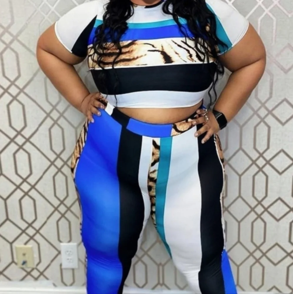 Colorblock and animal print blue, black, & white 2pc Pant Set Women's sz 3X NWOT