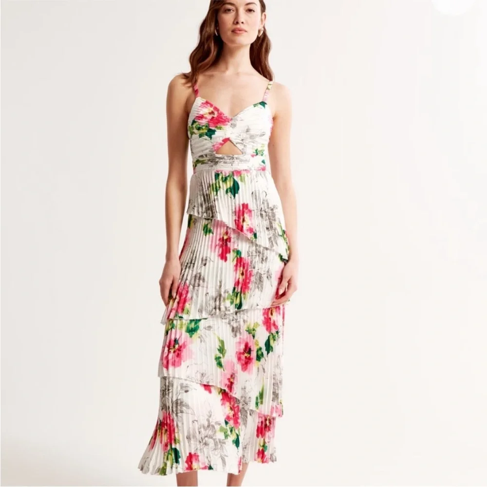 Abercrombie & Fitch Giselle Pleated Tiered Maxi Dress Satin White Floral XL TALL